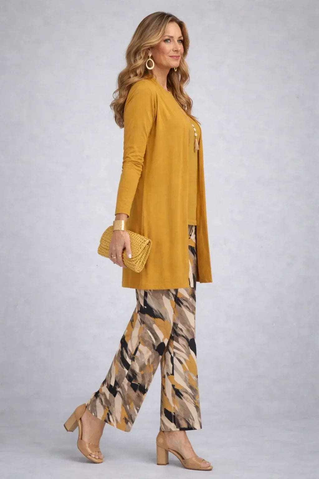 Honora | Mustard Three-Piece Set with Printed Trousers