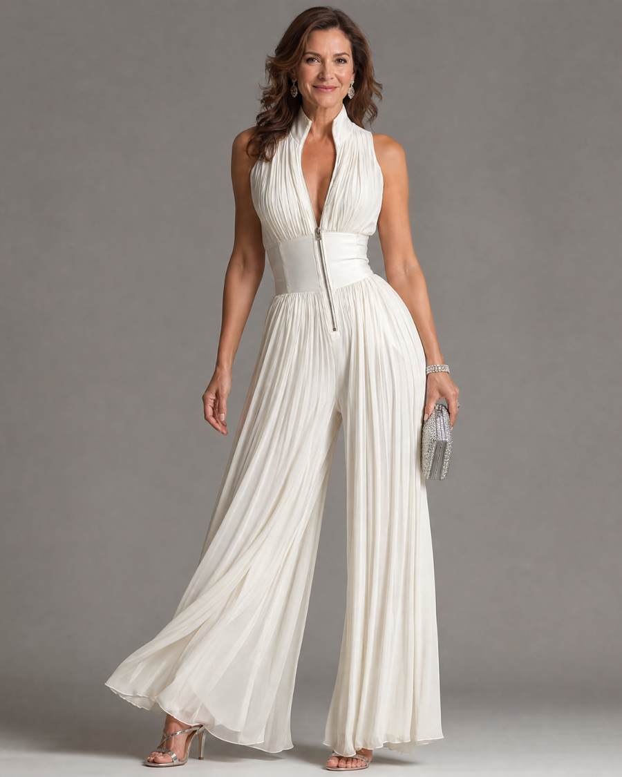 ZARIKA | Pleated Halterneck Wide-Leg Jumpsuit
