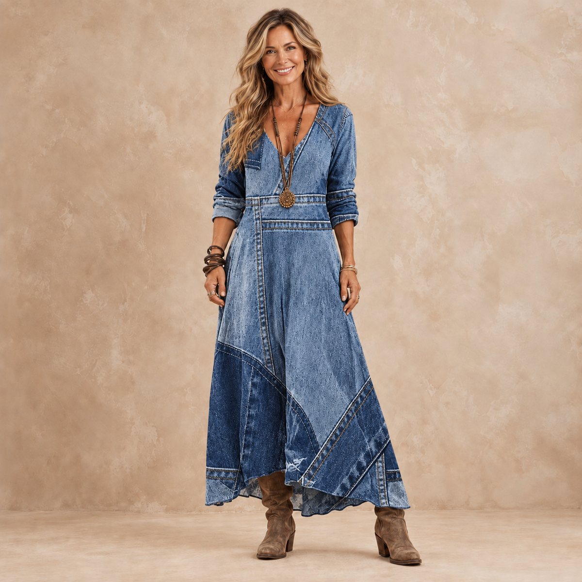 Indigo | Patchwork Denim-Look Maxi Dress