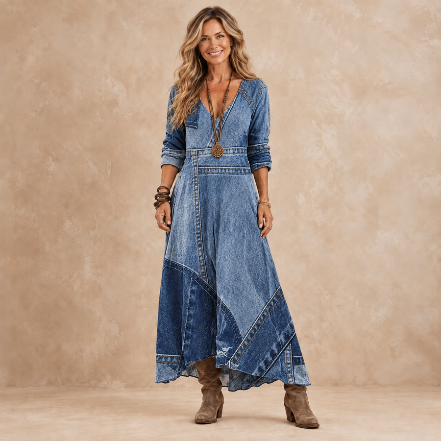 Indigo | Patchwork Denim-Look Maxi Dress