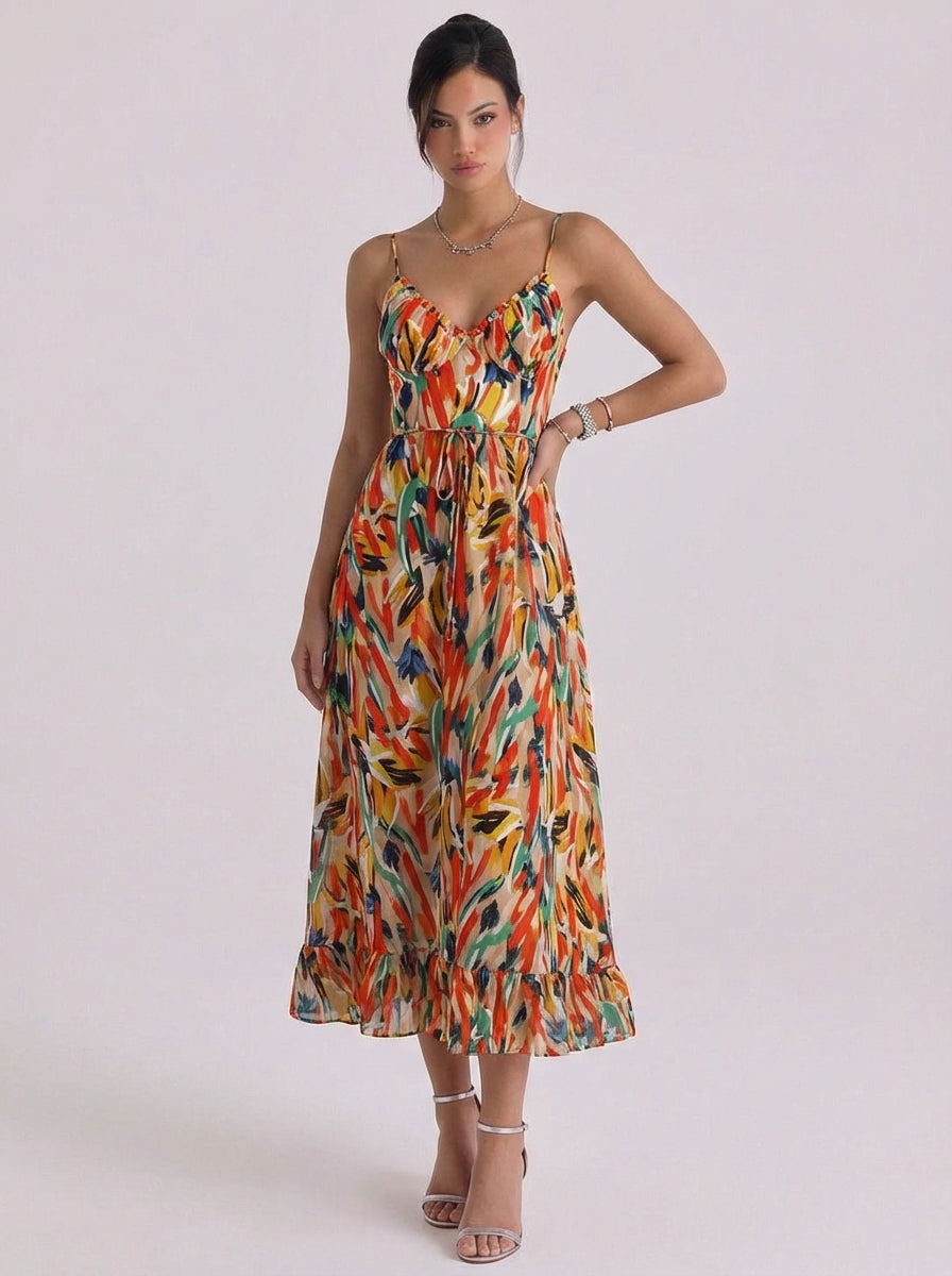 Brooke | Chiffon Abstract Print Midi Dress With Ruffle Hem