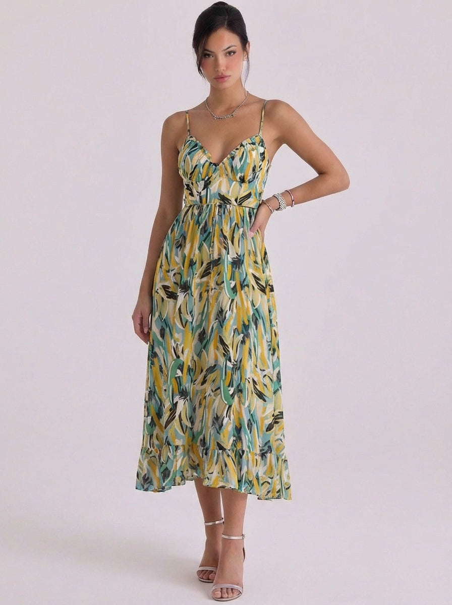Brooke | Chiffon Abstract Print Midi Dress With Ruffle Hem