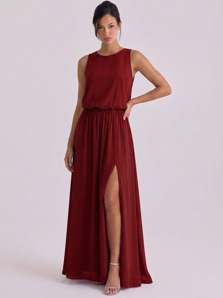 Clara | Chiffon Blouson Top Maxi Dress Sleeveless High-Slit