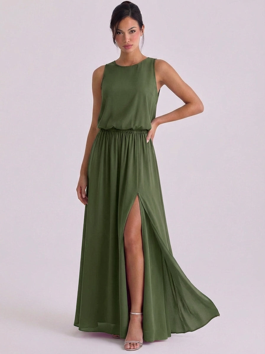 Clara | Chiffon Blouson Top Maxi Dress Sleeveless High-Slit
