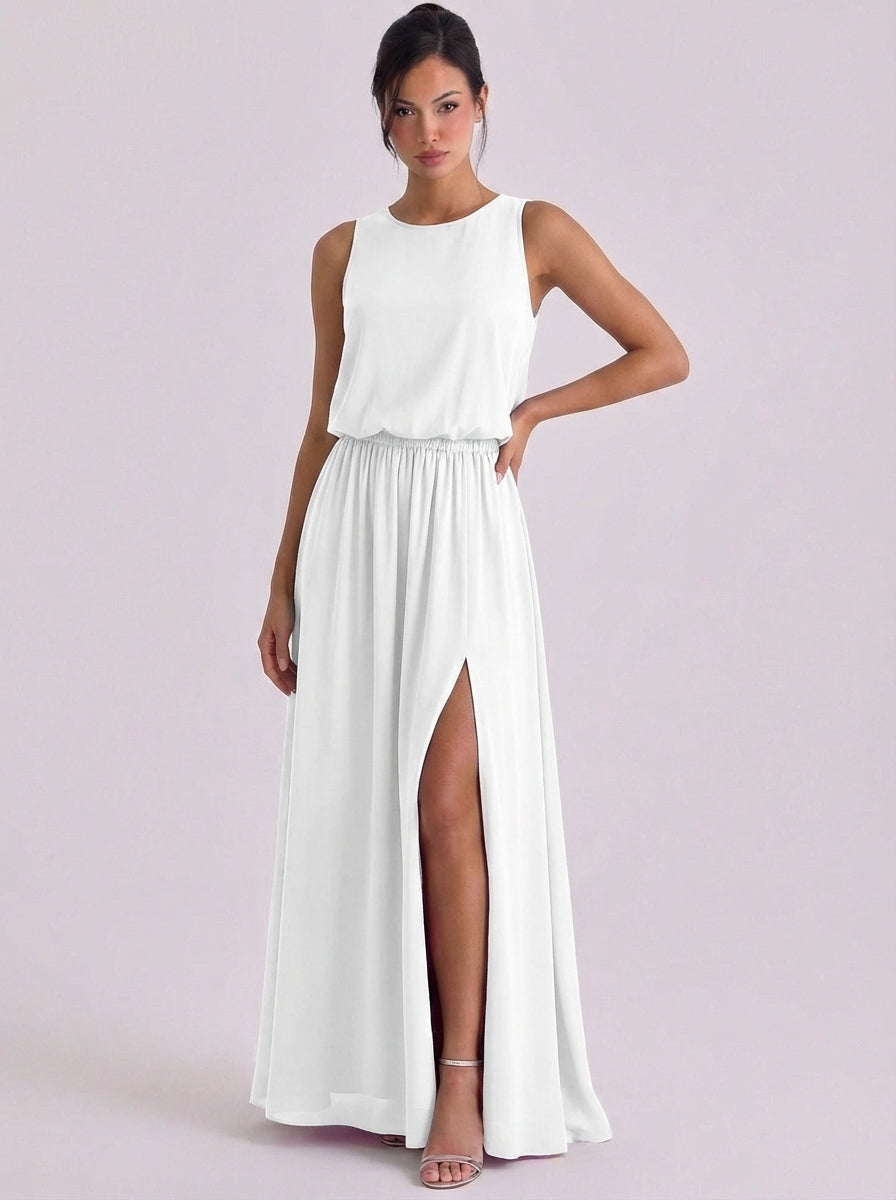 Clara | Chiffon Blouson Top Maxi Dress Sleeveless High-Slit