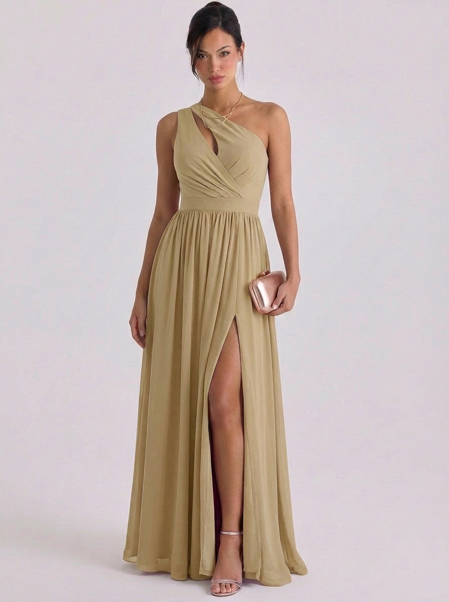 Molly | Chiffon Cutout One-Shoulder Gown Gathered Waist High-Slit