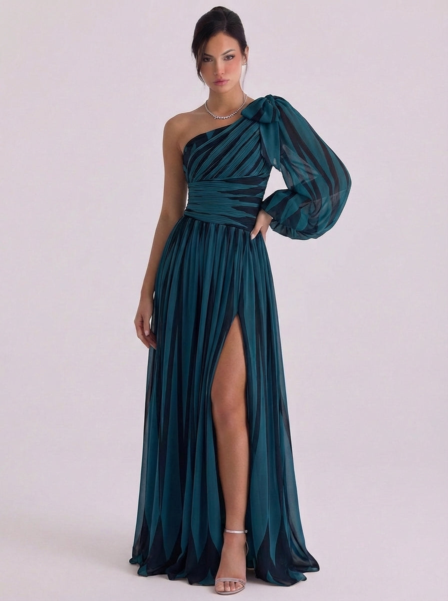 Grace | Chiffon Diagonal Stripe One-Shoulder Gown Balloon Sleeve High-Slit
