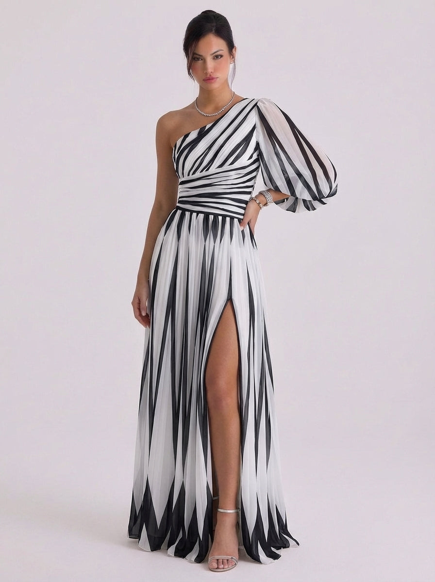 Grace | Chiffon Diagonal Stripe One-Shoulder Gown Balloon Sleeve High-Slit