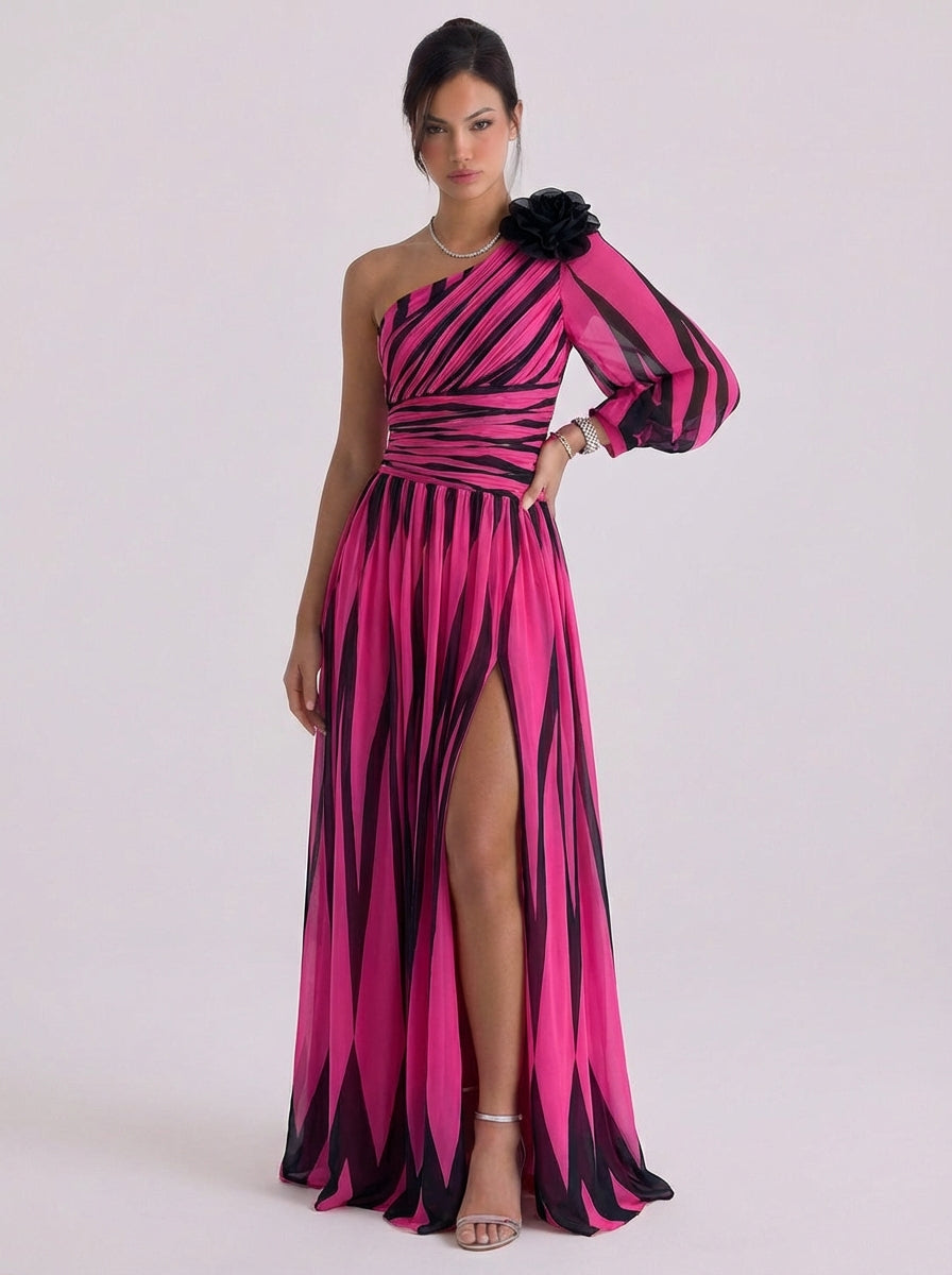 Grace | Chiffon Diagonal Stripe One-Shoulder Gown Balloon Sleeve High-Slit
