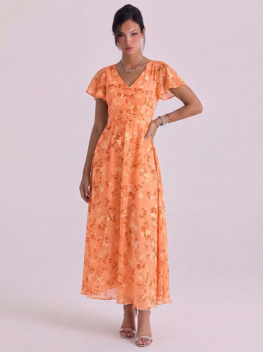 Eliza | Chiffon Floral Print V-Neck Maxi Dress Flutter Sleeve Belted Waist