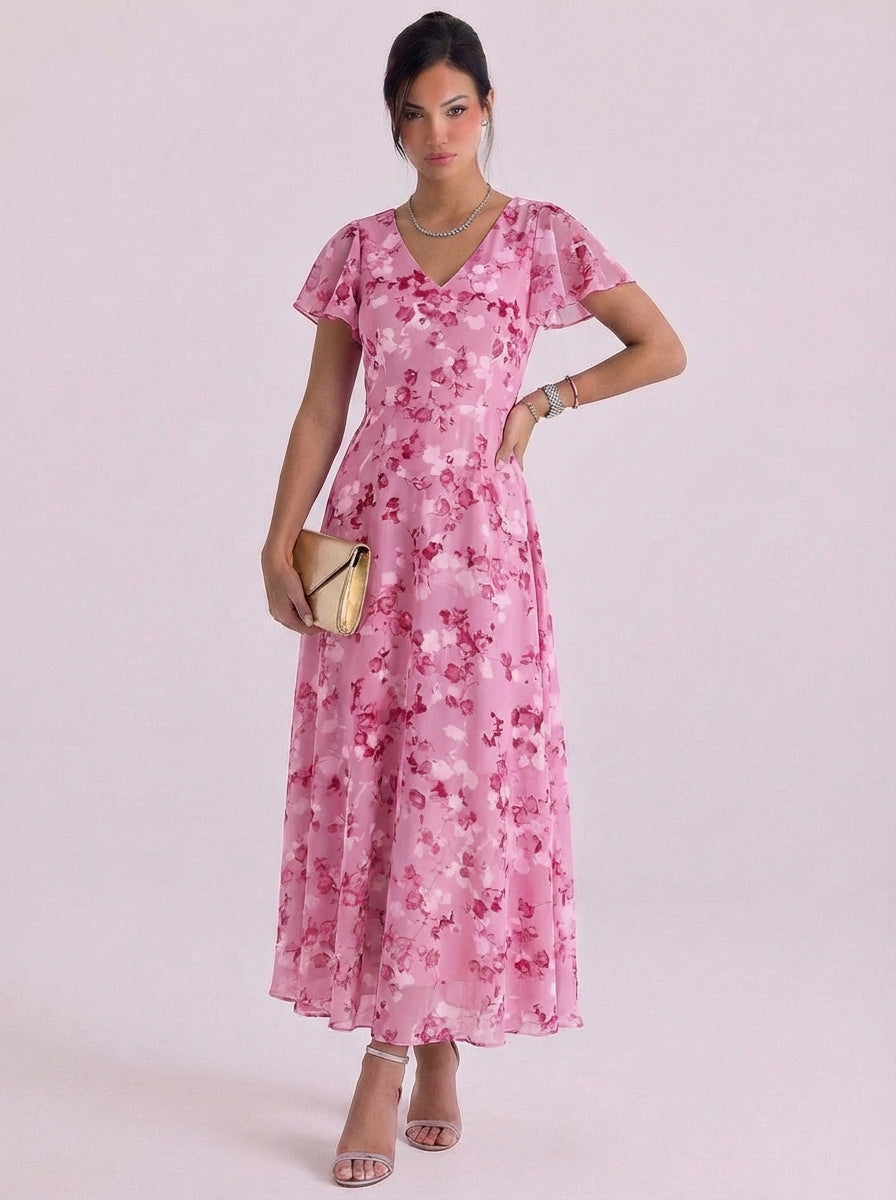 Eliza | Chiffon Floral Print V-Neck Maxi Dress Flutter Sleeve Belted Waist