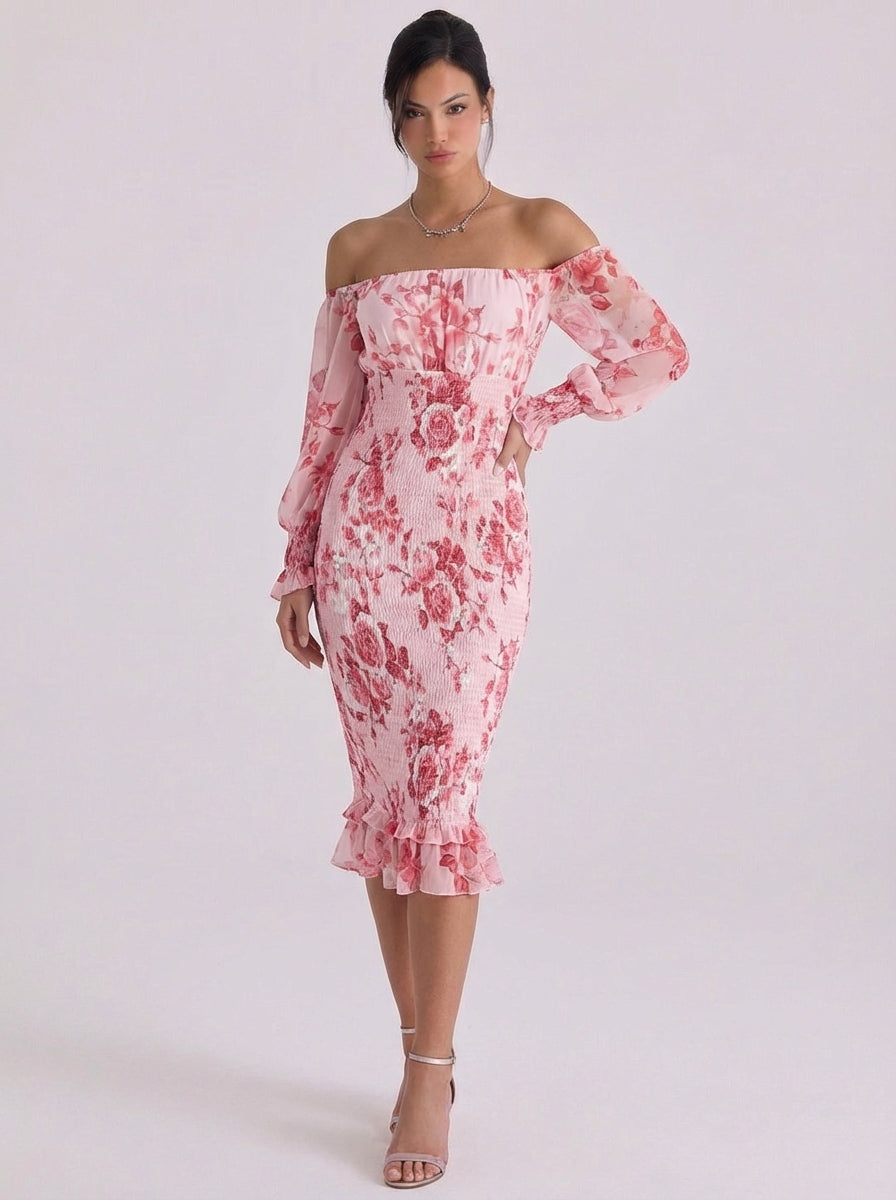 Gloria | Chiffon Off-Shoulder Floral Midi Dress With Smocked Waist