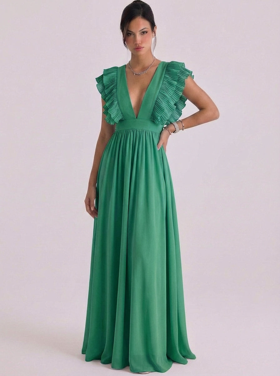 Lucy | Chiffon Pleated Ruffle Deep V Maxi Gown Cap Sleeve