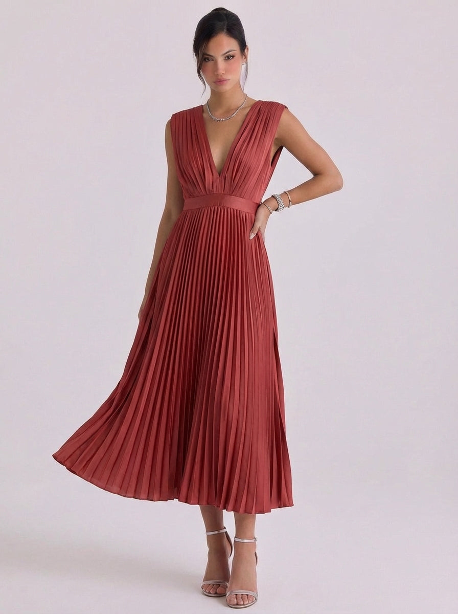 Stacey | Chiffon Pleated V-Neck Midi Dress