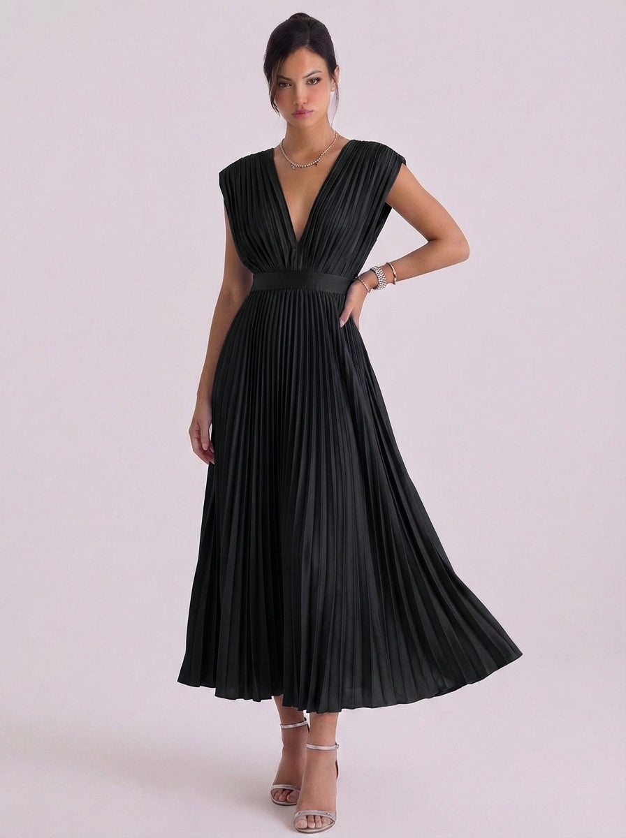 Stacey | Chiffon Pleated V-Neck Midi Dress