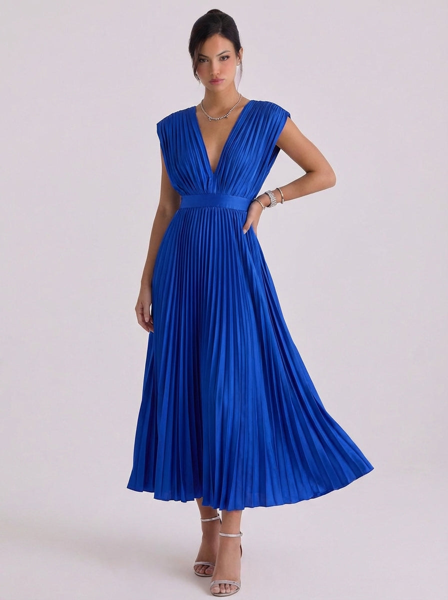Stacey | Chiffon Pleated V-Neck Midi Dress
