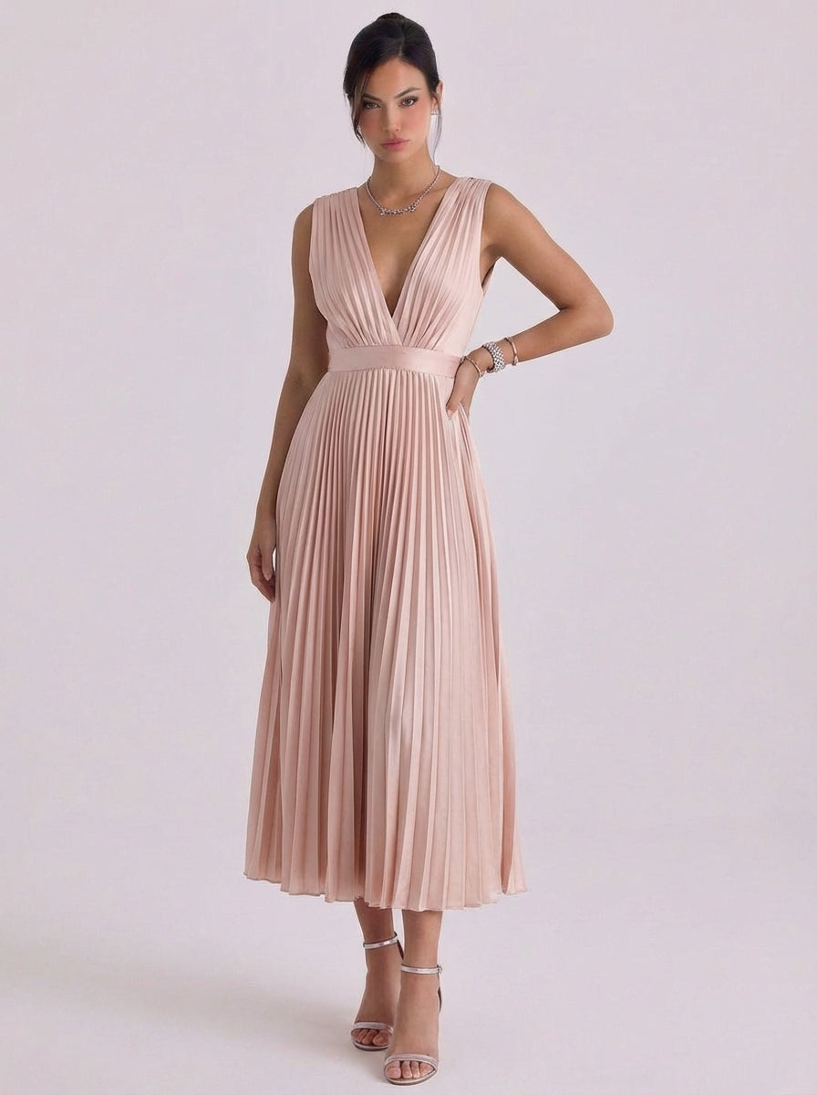 Stacey | Chiffon Pleated V-Neck Midi Dress