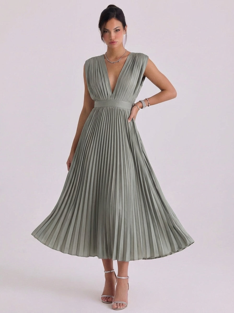 Stacey | Chiffon Pleated V-Neck Midi Dress