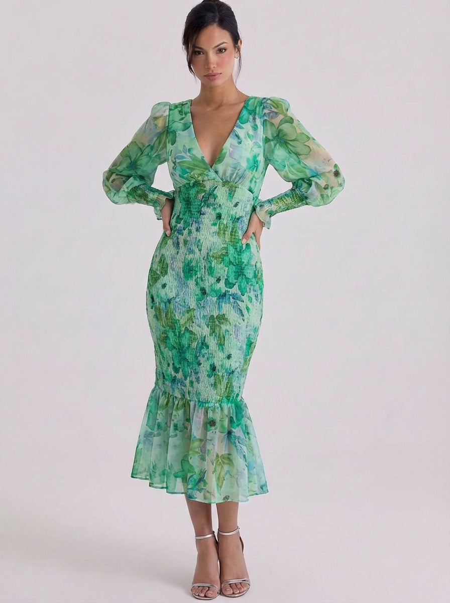 Amy | Chiffon Smocked Floral Midi Dress With Ruffle Hem