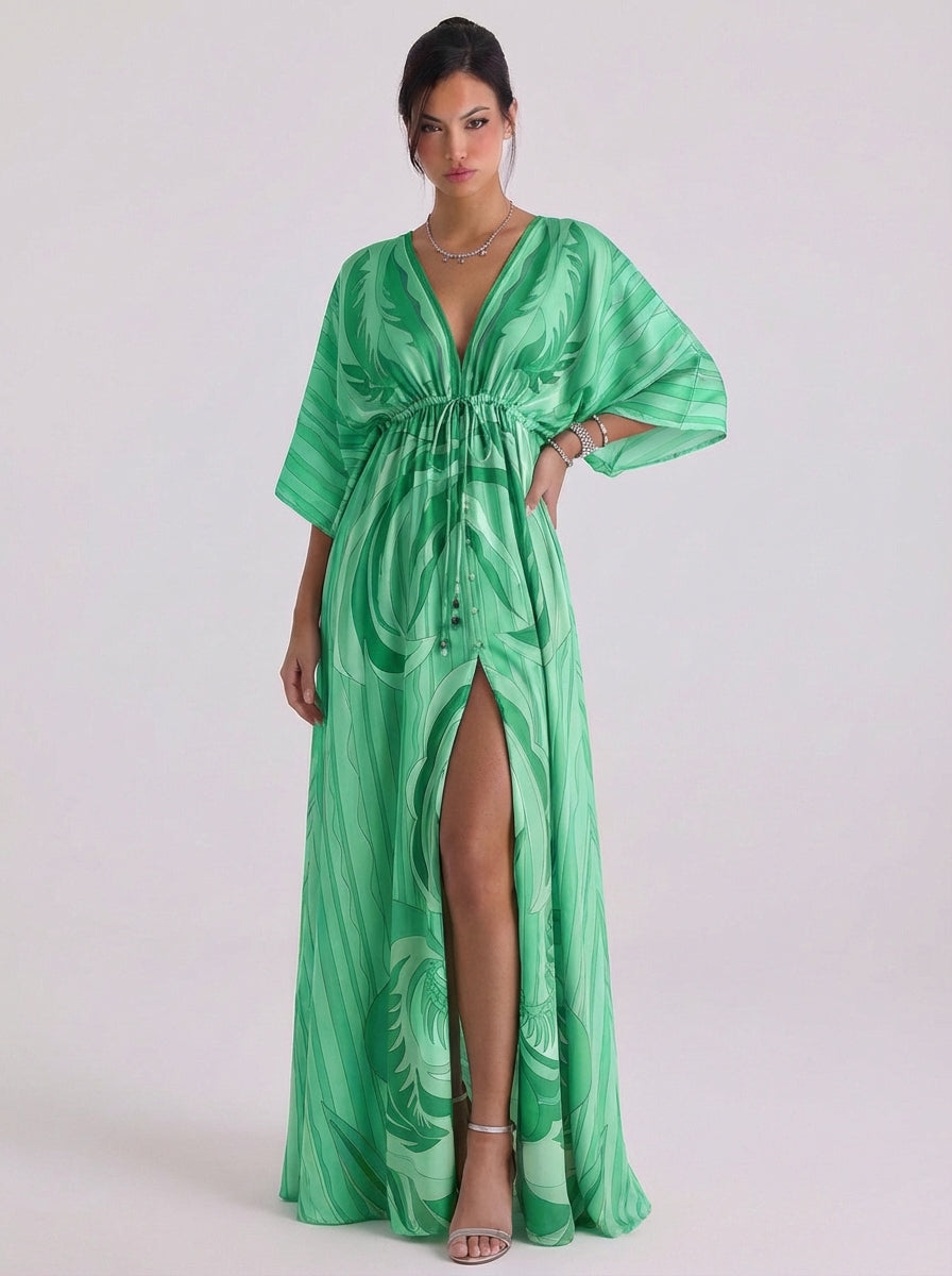 Diana | Chiffon Swirl Print Deep V Maxi Dress Kimono Sleeve Button Front High-Slit