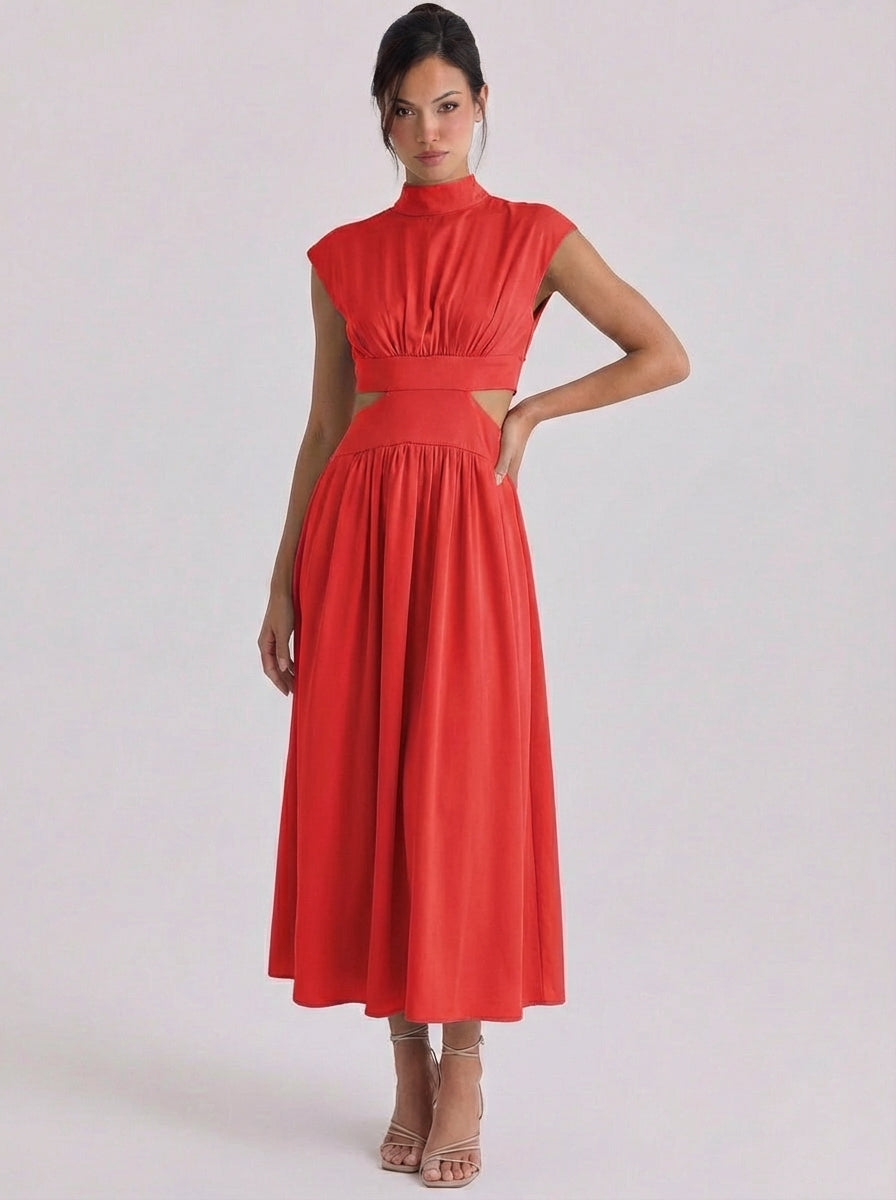 Iris | Cotton Cutout High Neck Midi Dress Cap Sleeve Gathered Waist