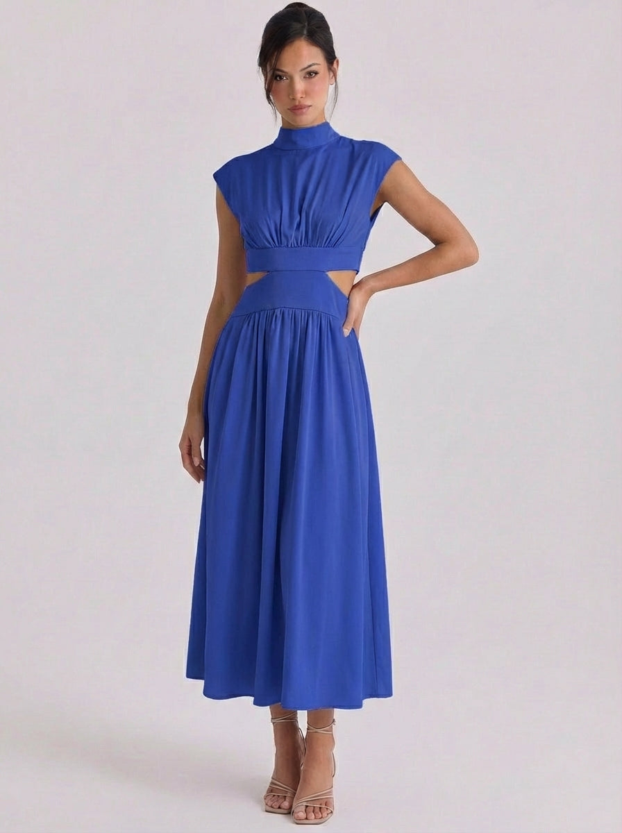 Iris | Cotton Cutout High Neck Midi Dress Cap Sleeve Gathered Waist