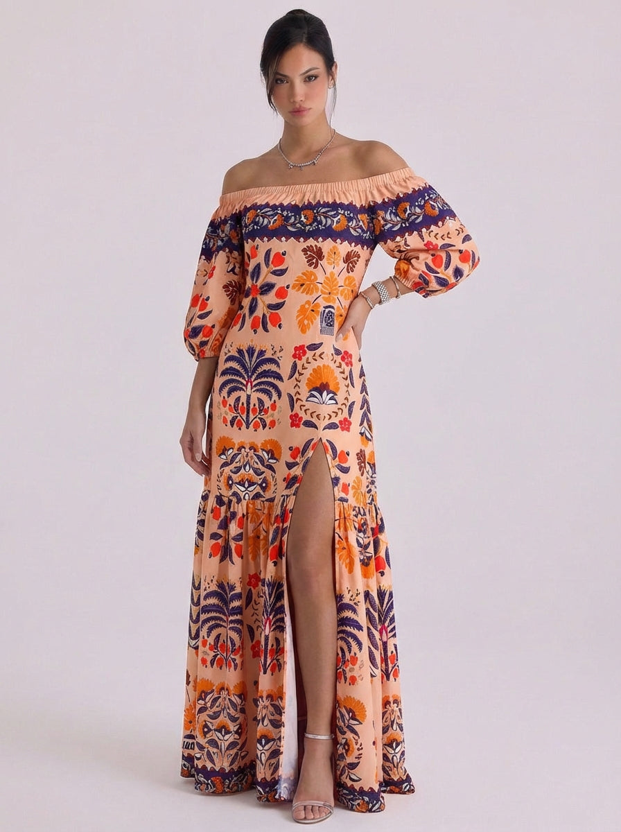 Eve | Cotton Off-Shoulder Embroidered Maxi Dress With Tassel Trim