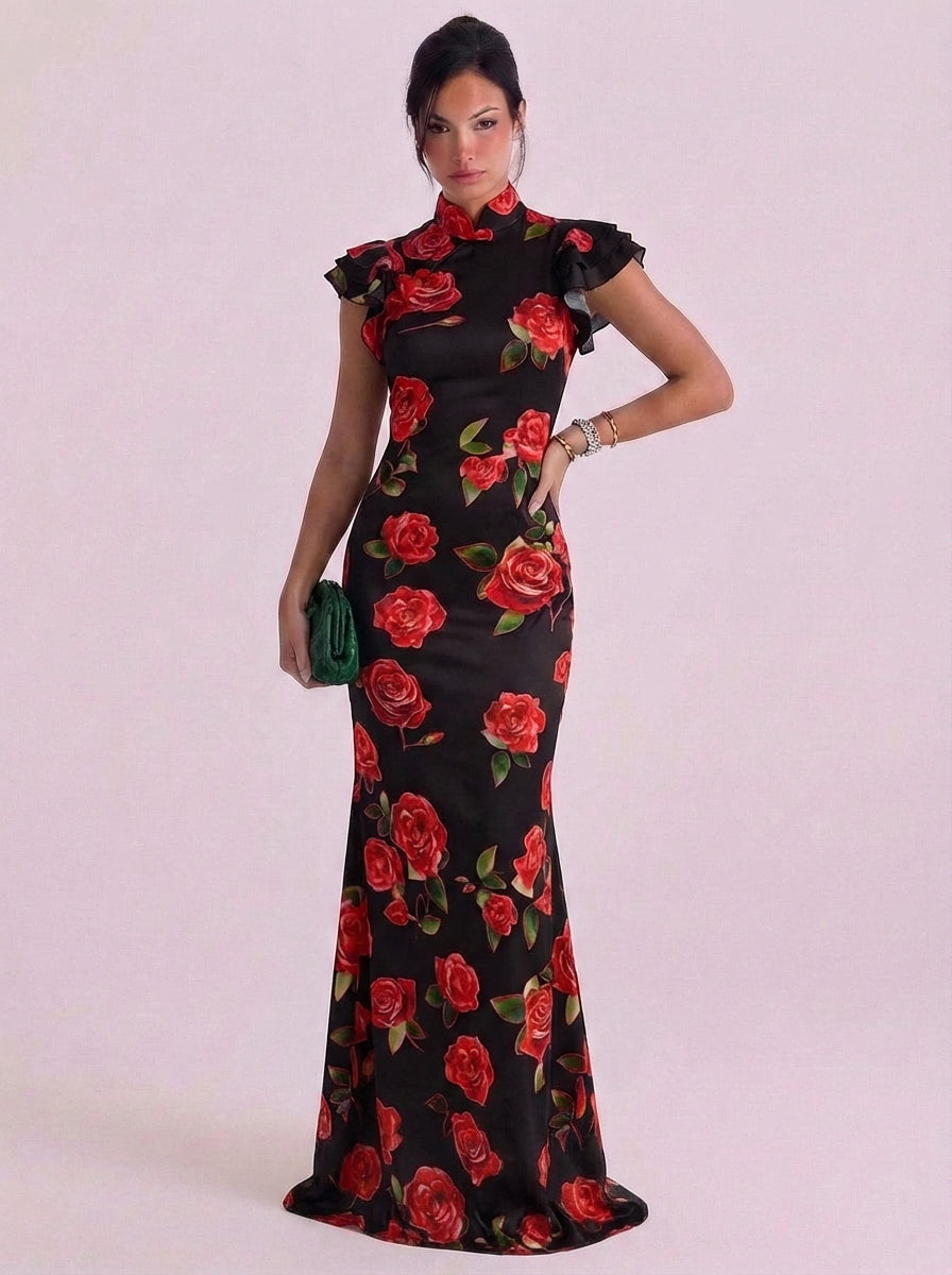 Tessa | Cotton Rose Print High Neck Maxi Dress Ruffle Cap Sleeve
