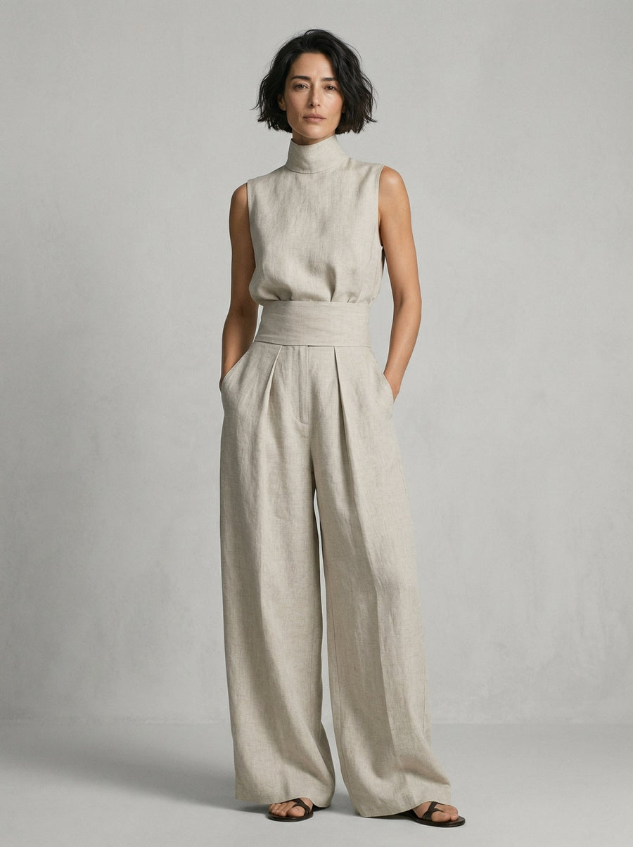 Lynette™ | High-Neck Cotton Top & Wide-Leg Trouser Set