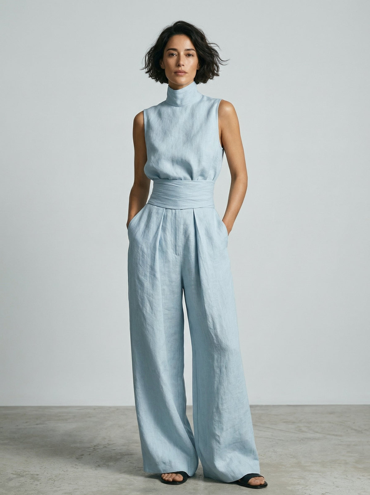 Lynette™ | High-Neck Cotton Top & Wide-Leg Trouser Set