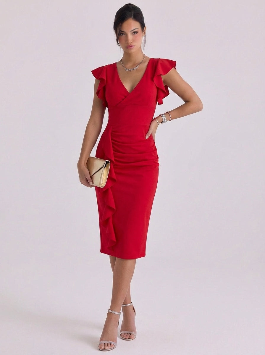 Chloe | Crepe Ruffle Sleeve Bodycon Midi Dress