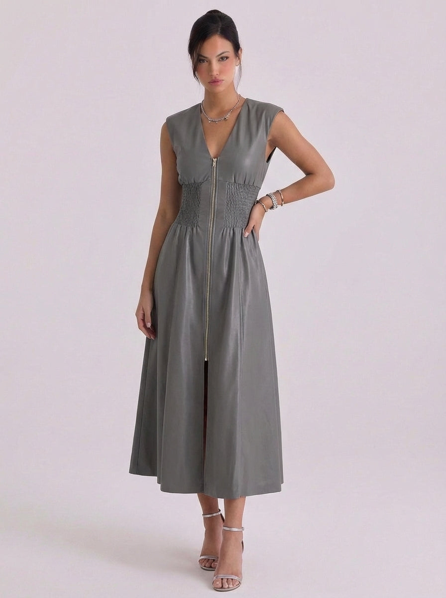 Bree | Faux Leather Zip Front Midi Dress With Smocked Waist