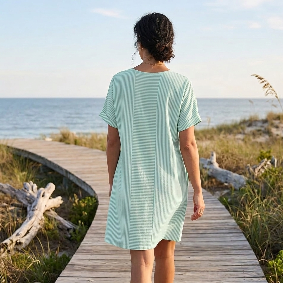 Lunavia™ - Striped Button-Placket Mini Dress with Pockets