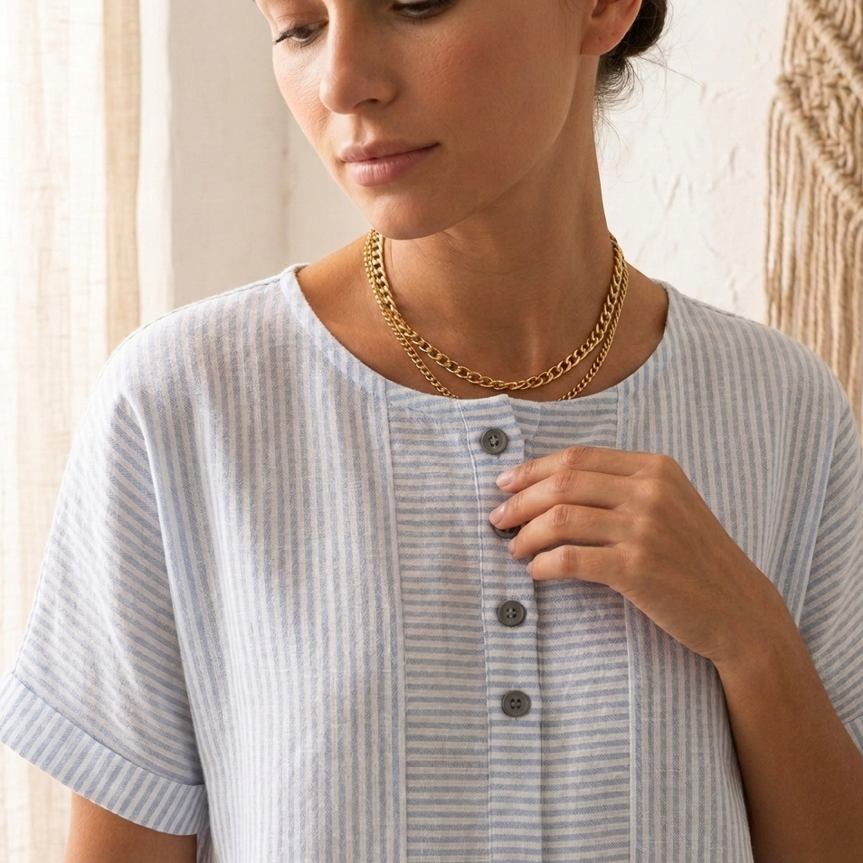 Lunavia™ - Striped Button-Placket Mini Dress with Pockets