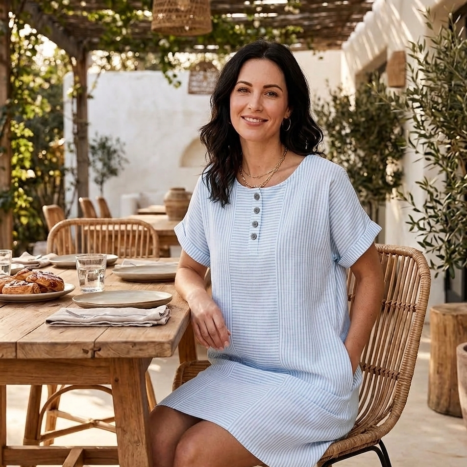 Lunavia™ - Striped Button-Placket Mini Dress with Pockets