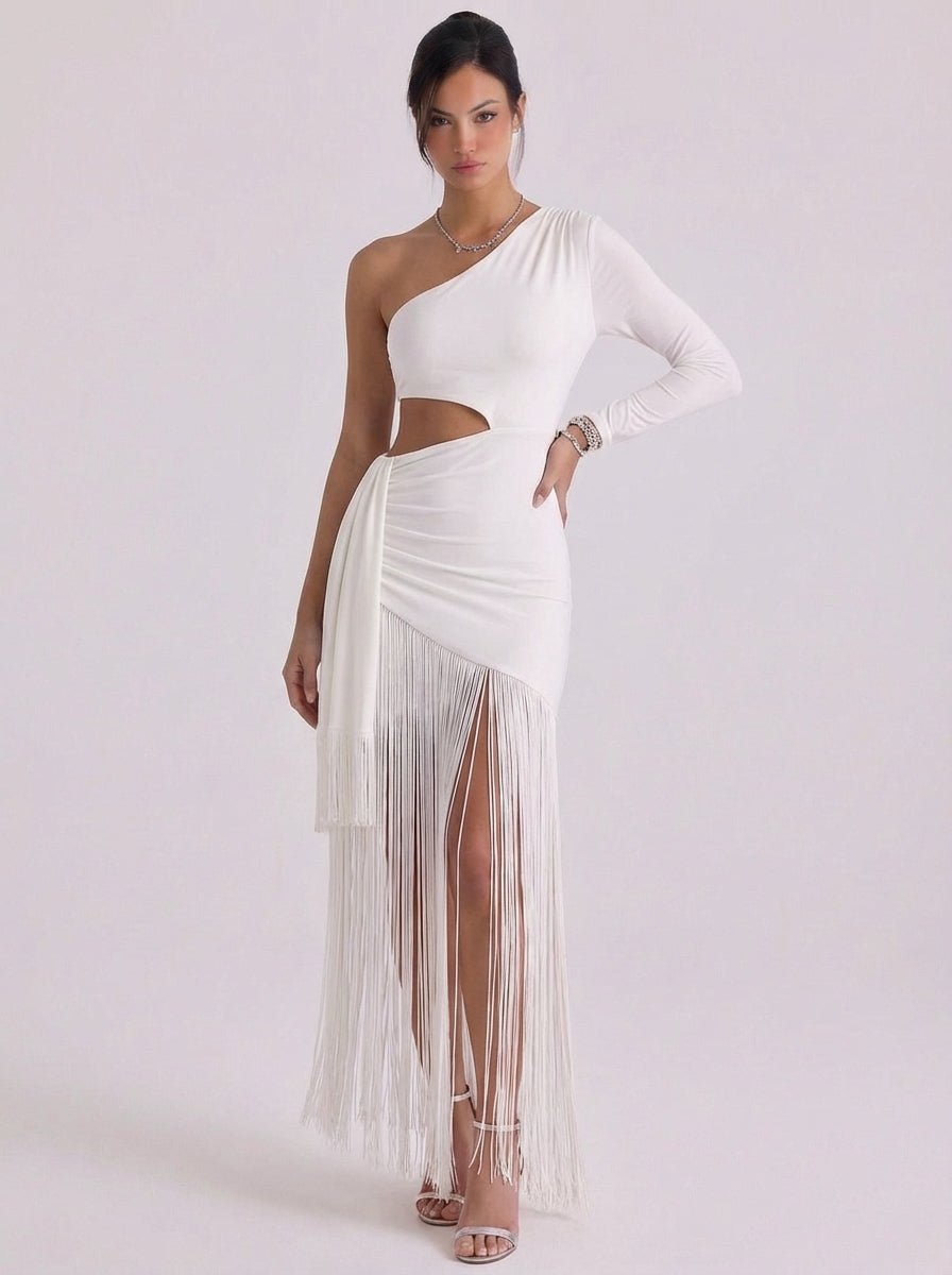 Hana | Jersey Cutout One-Shoulder Maxi Dress Fringe Hem