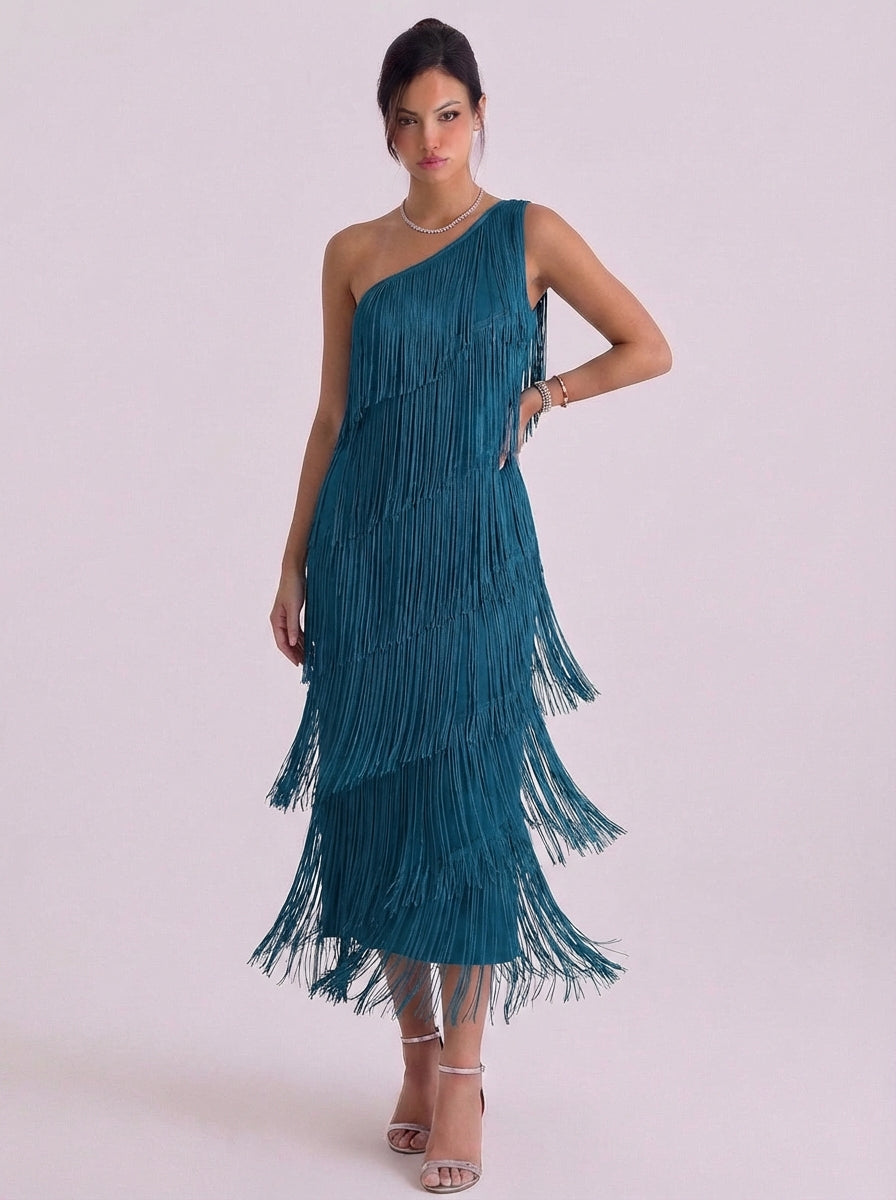 Fiona | Jersey One-Shoulder Fringe Midi Dress