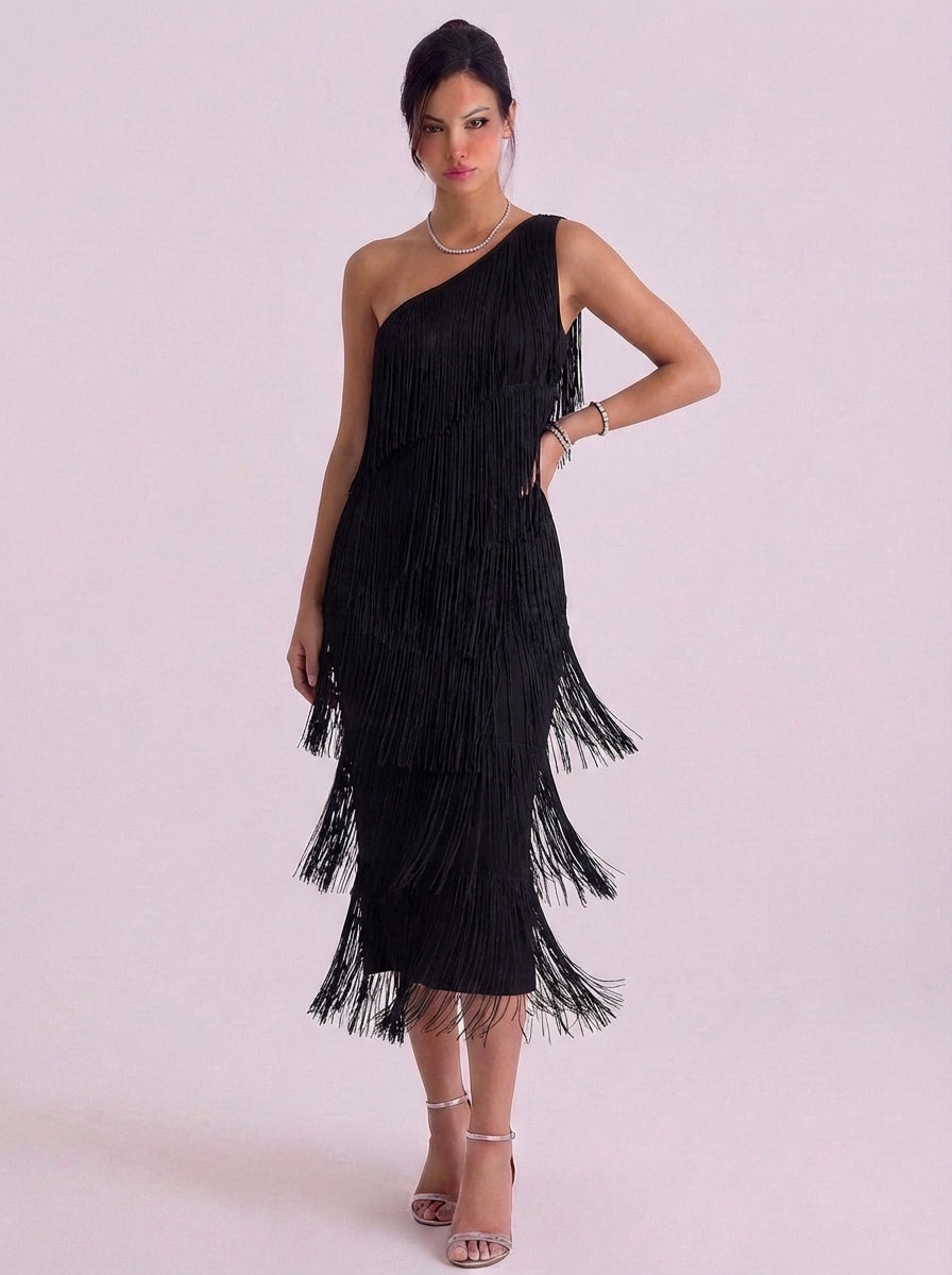 Fiona | Jersey One-Shoulder Fringe Midi Dress