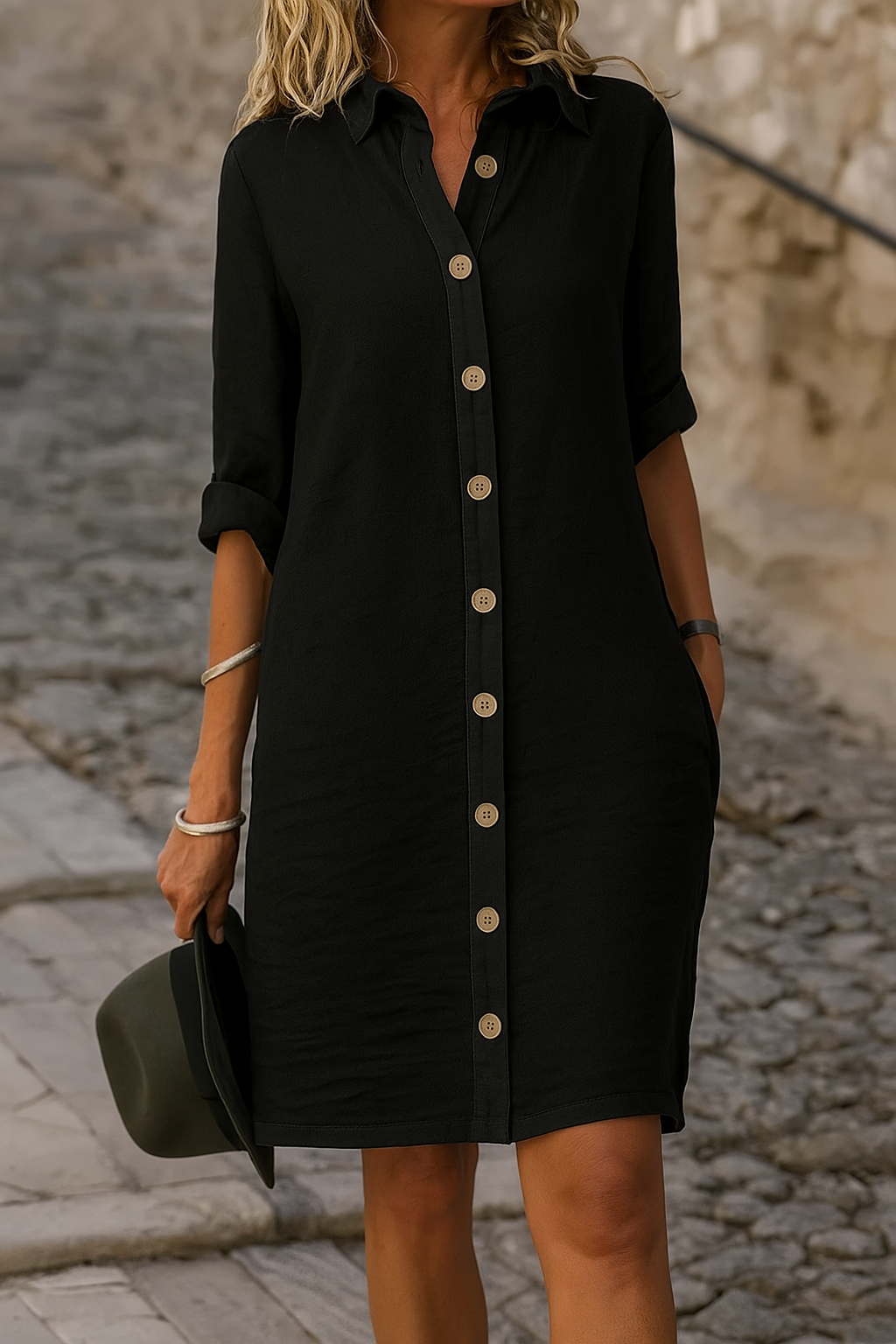 Collared Roll Tab Sleeve Button Front Casual Shirt Dress