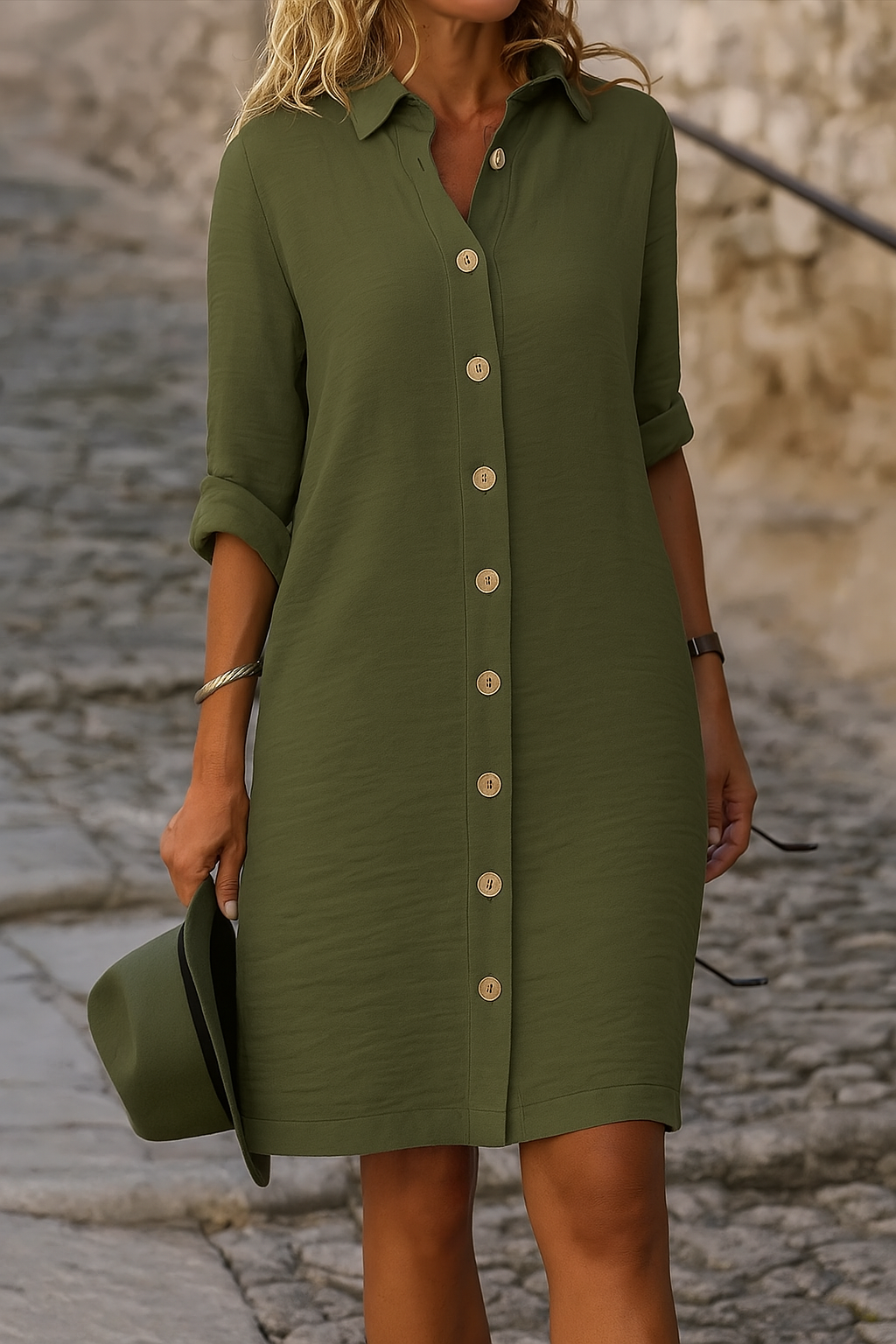 Collared Roll Tab Sleeve Button Front Casual Shirt Dress