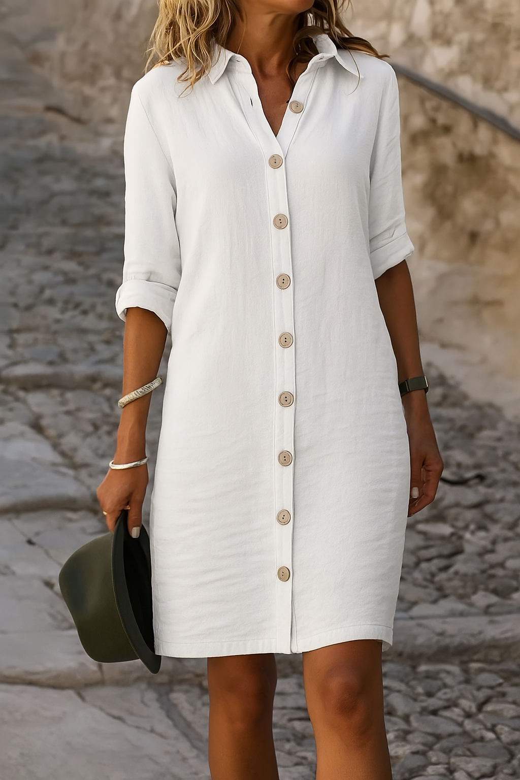 Collared Roll Tab Sleeve Button Front Casual Shirt Dress