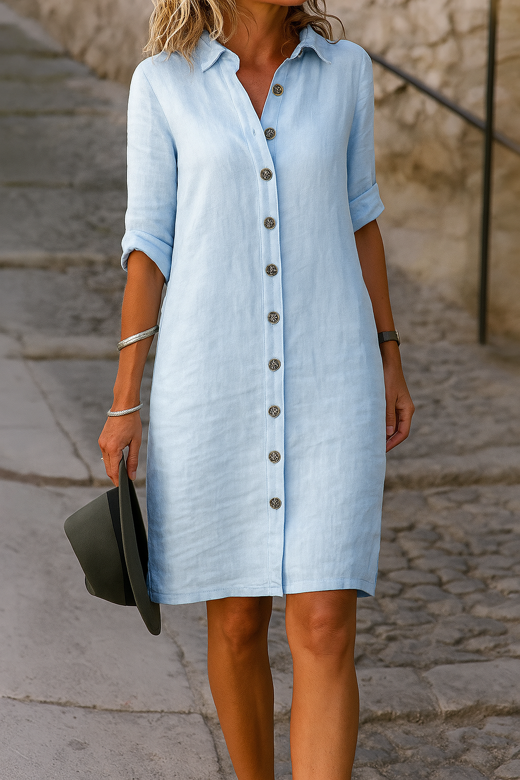 Collared Roll Tab Sleeve Button Front Casual Shirt Dress