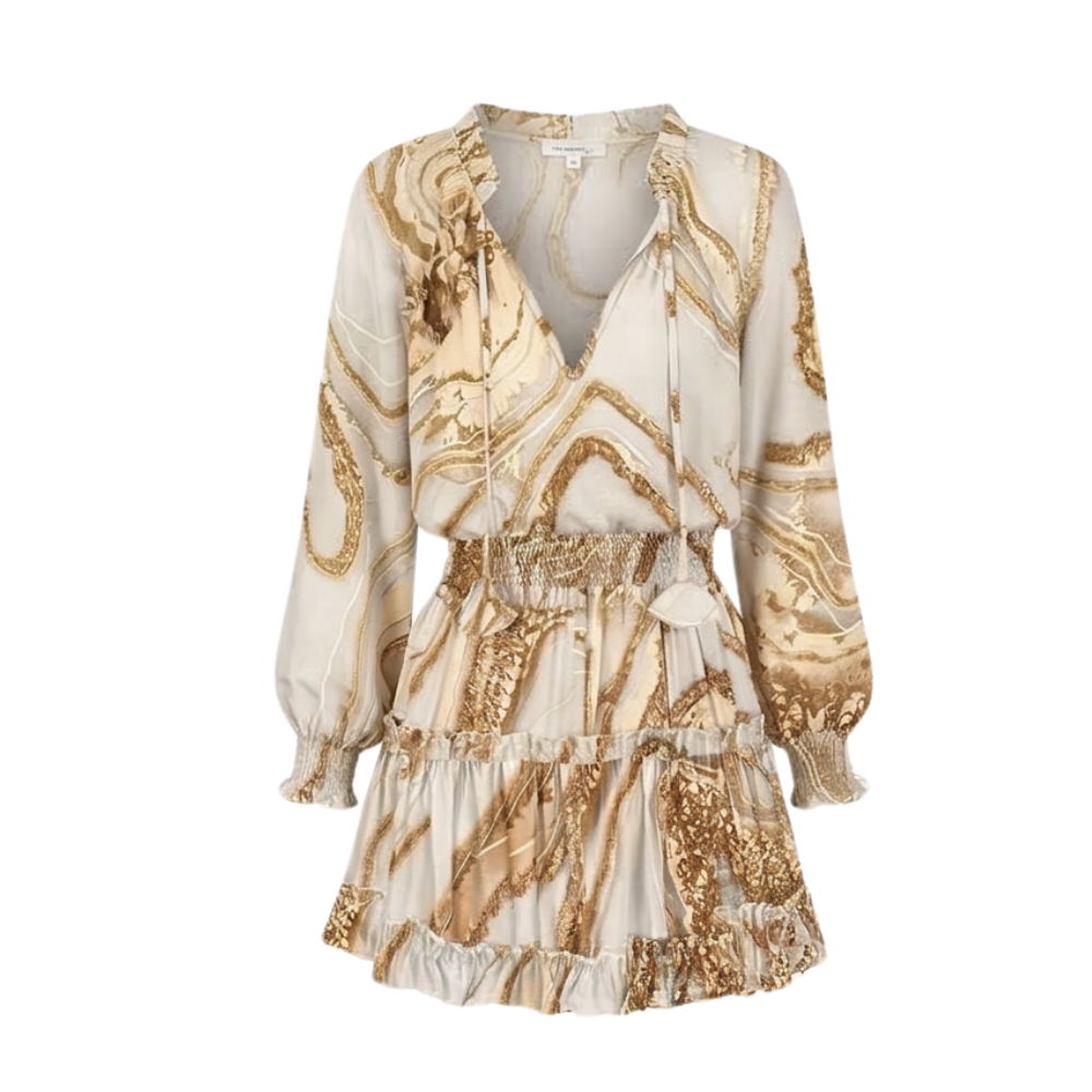 Vivara™ – V Neck Ruffle Mini Dress with Lantern Sleeves