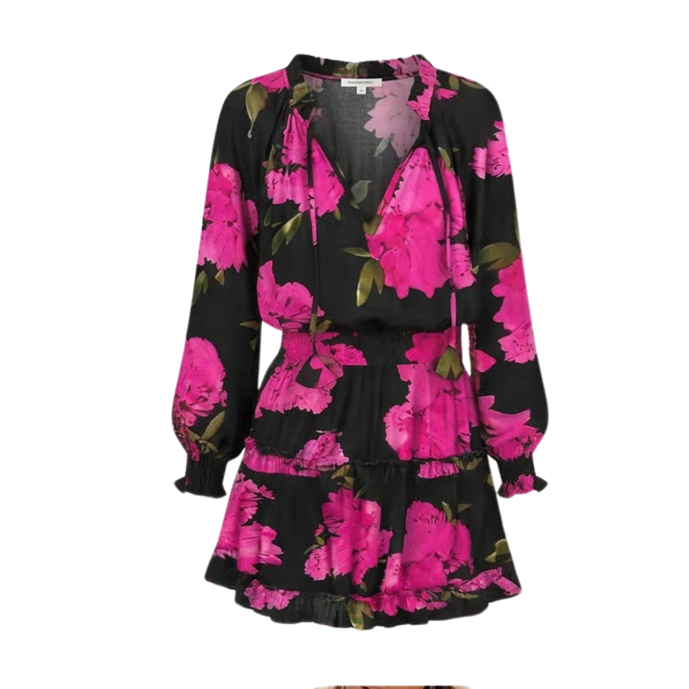 Vivara™ – V Neck Ruffle Mini Dress with Lantern Sleeves