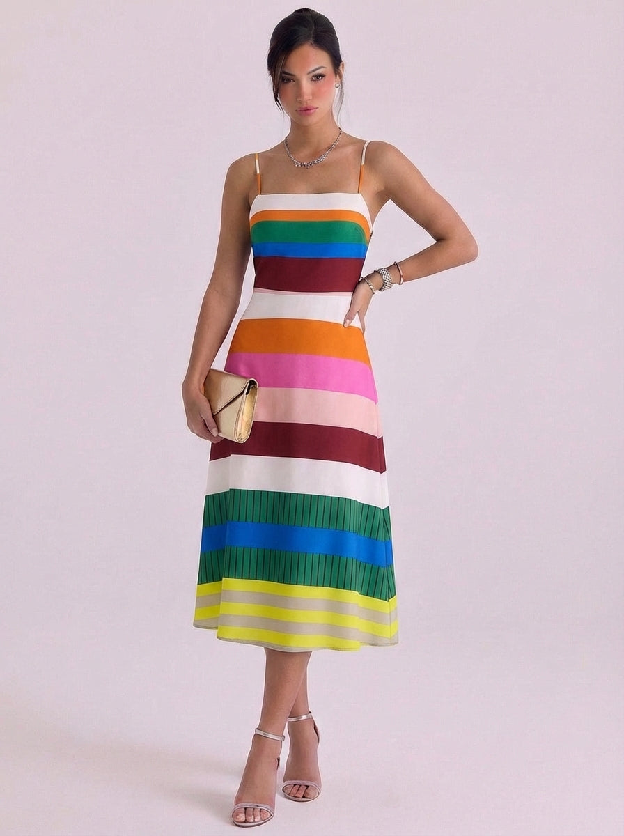 Georgia | Knit Colorblock Stripe Midi Dress Spaghetti Strap Pleated Hem