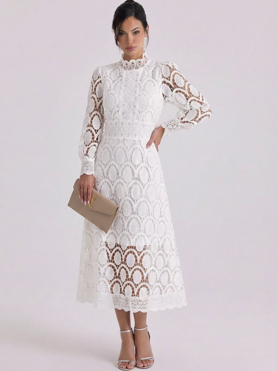 Nadia | Lace High Neck Midi Dress With Puff