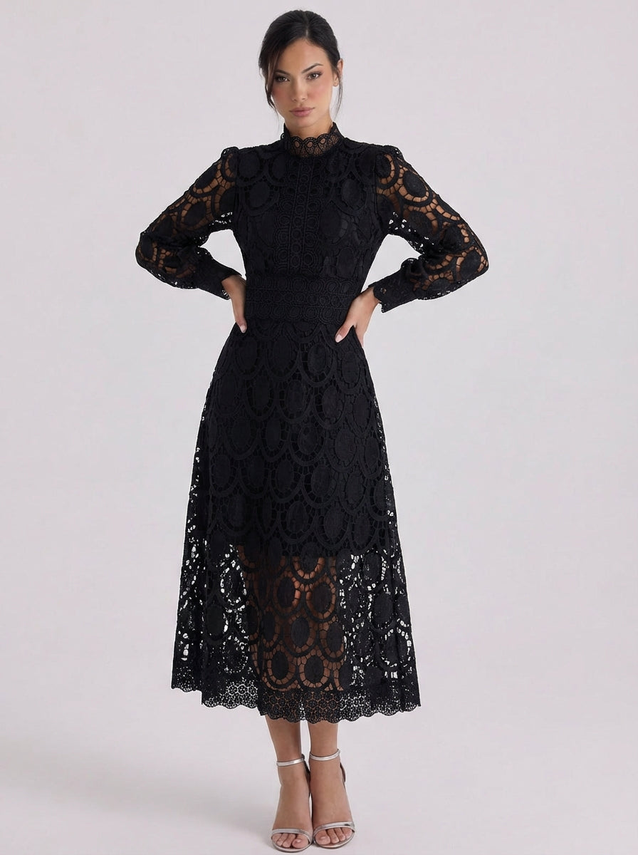 Nadia | Lace High Neck Midi Dress With Puff