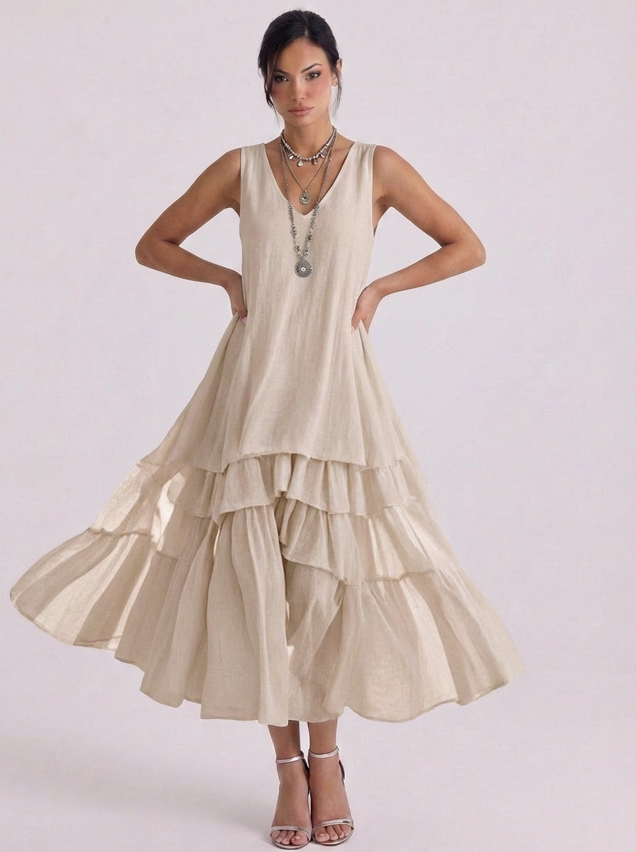 Una | Linen Tiered Ruffle Midi Dress