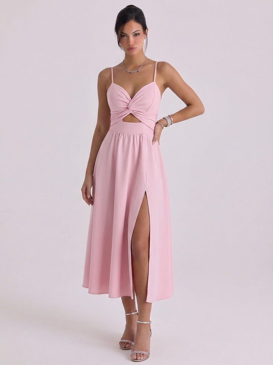 Harper | Linen Twist Front Cutout Maxi Dress With High-Slit