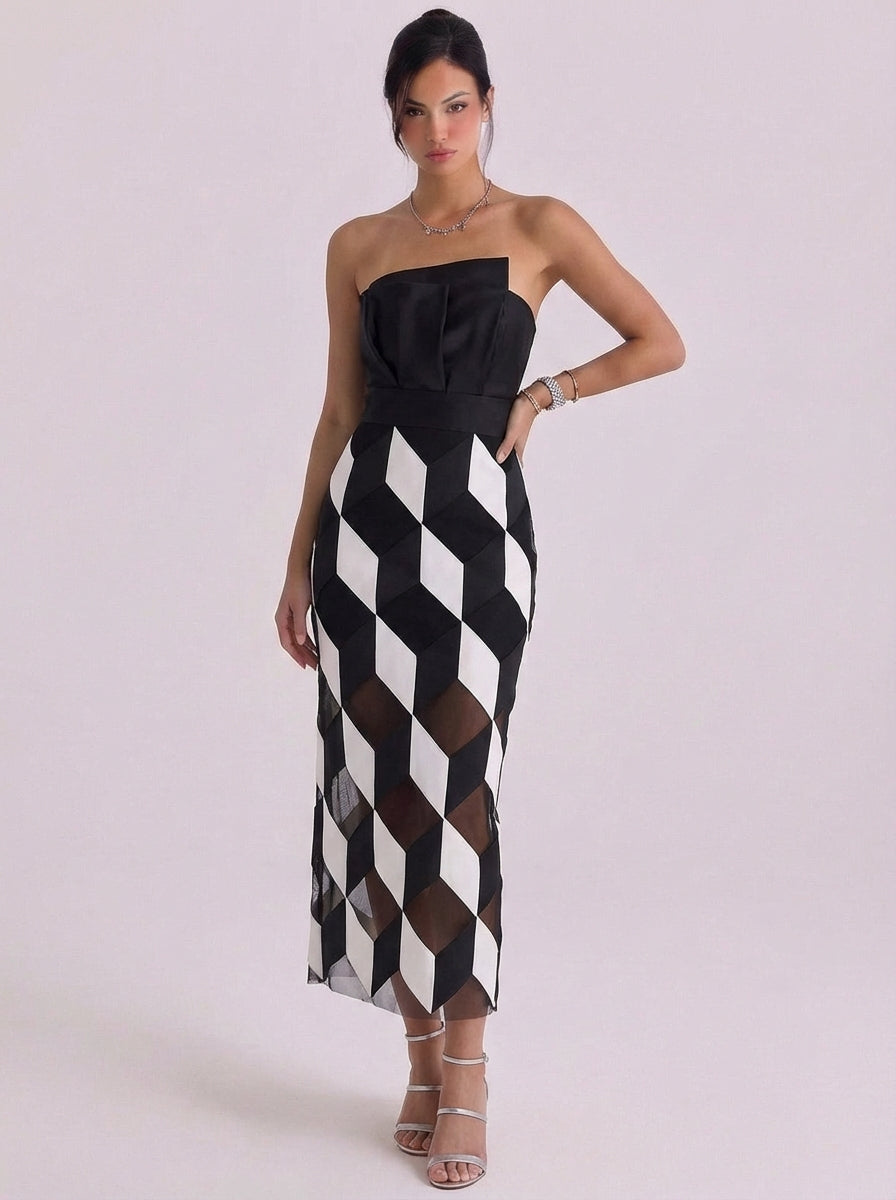 Bella | Mesh Geometric Print Strapless Maxi Dress